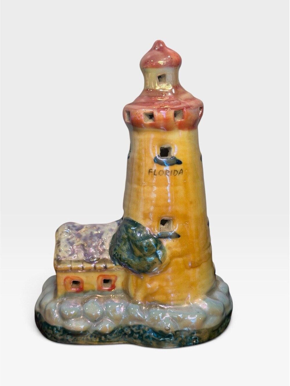 Vintage Lustre Glazed Ceramic Lighthouse Tea Light Candle Holder Florida